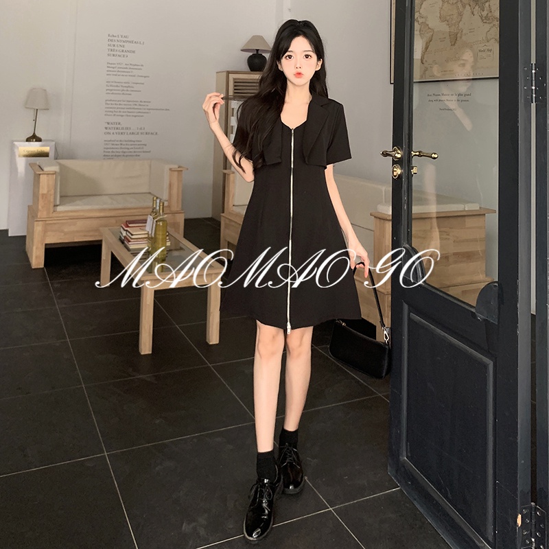 Maomao GO Áo Khoác Vest Hai Mảnh Có Khóa Kéo Màu Đen Size Lớn Đơn Giản Dành Cho Nữ