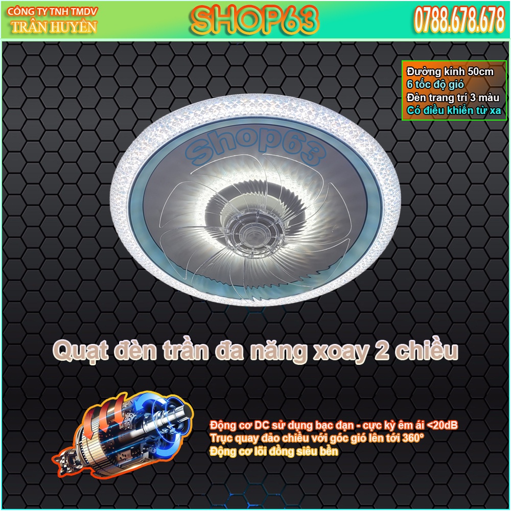 Quạt trần trang trí cao cấp - tích hợp đèn trần có điều khiển từ xa (động cơ đồng DC với 6 cấp độ gió - đèn chỉnh sáng)