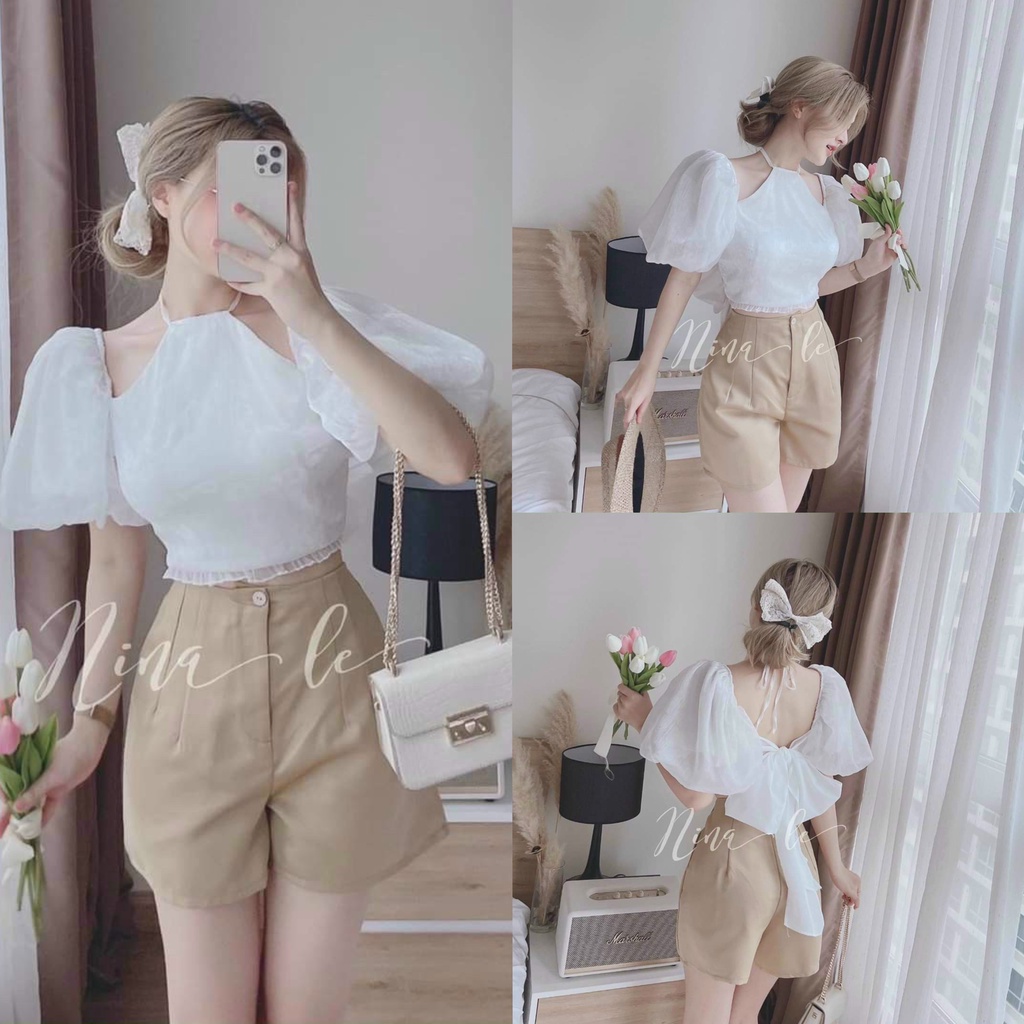 Set bộ đùi áo voan trắng cổ yếm kết nơ sau mix quần ống rộng siêu dễ thương dành cho các tình yêu