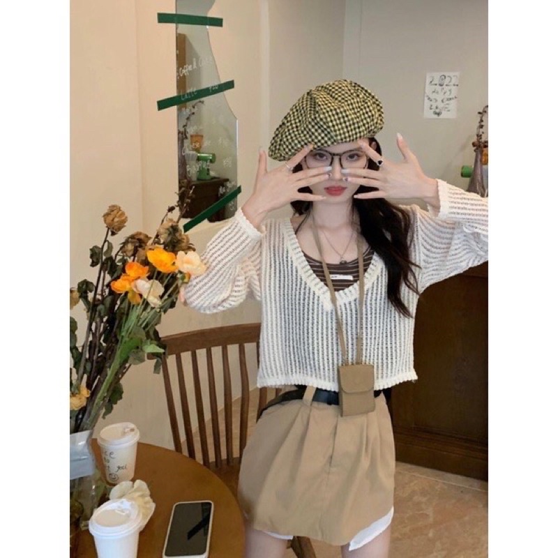 (Hàng QC) Set áo len lưới dệt kim dày tay mỏng nhẹ xuyên thấu cổ V | BigBuy360 - bigbuy360.vn