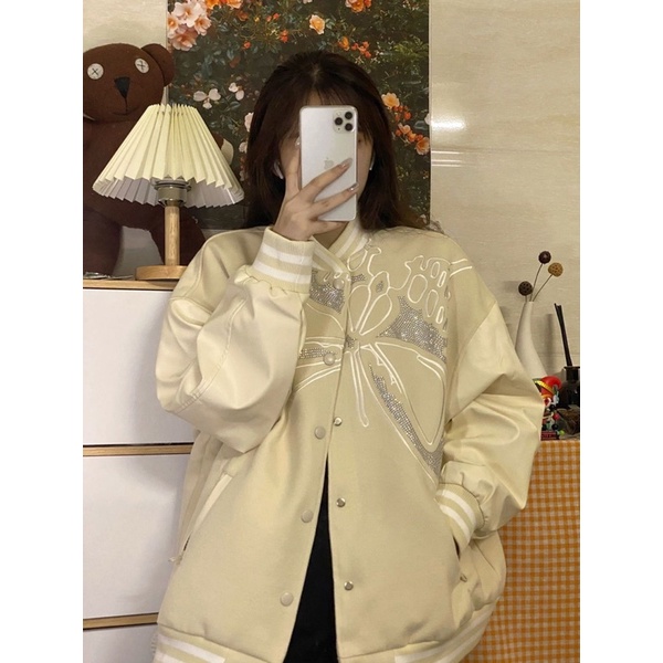 Áo Khoác Bóng Chày Cao Cấp Hoạ Tiết Butterfly Chữ K Đính Đá Vintage Nam Nữ Ins Xu Hướng Thiết Kế Cao Cấp