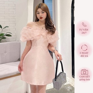 Đầm trễ vai phối lưới nhũ đính đá ảnh thật | merrchuyenvay