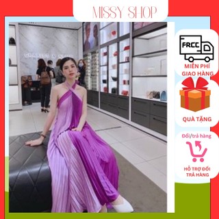 Đầm maxi cổ yếm dập ly phối màu hở lưng