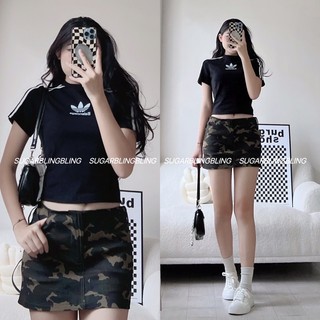 Áo balen tay viền đen a127 + chân váy bản eo thấp camo y2k v29 | sugarblingbling