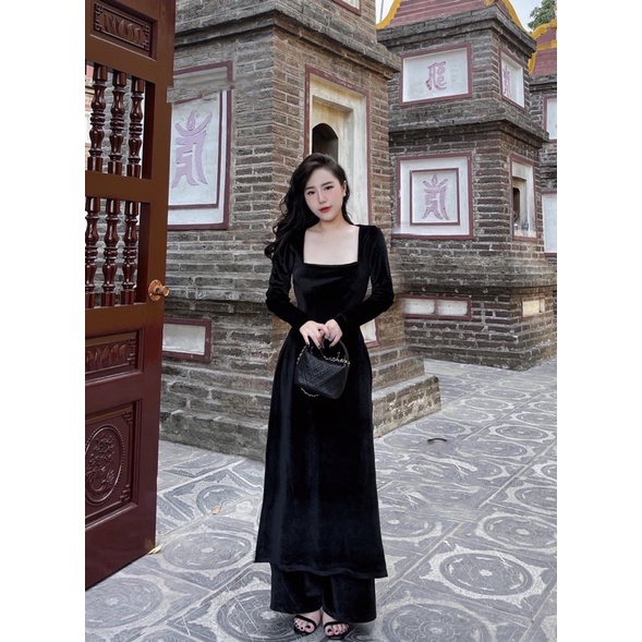 N03-Áo dài Nhung cổ vuông kèm ảnh thật/ Áo dài Lynka88