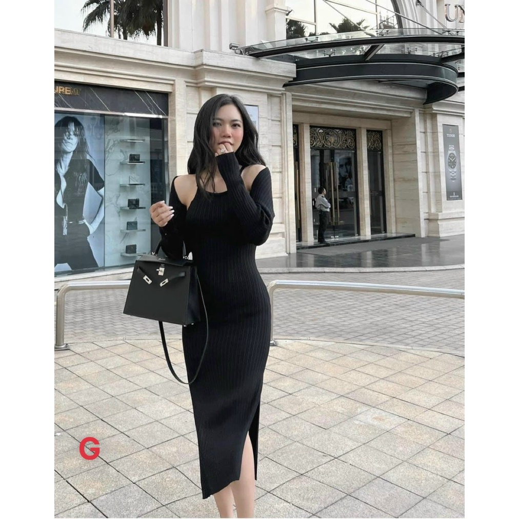 set đầm yếm xẻ đùi kèm áo khoác ngoài chất thun gân sọc đẹp tôn dáng