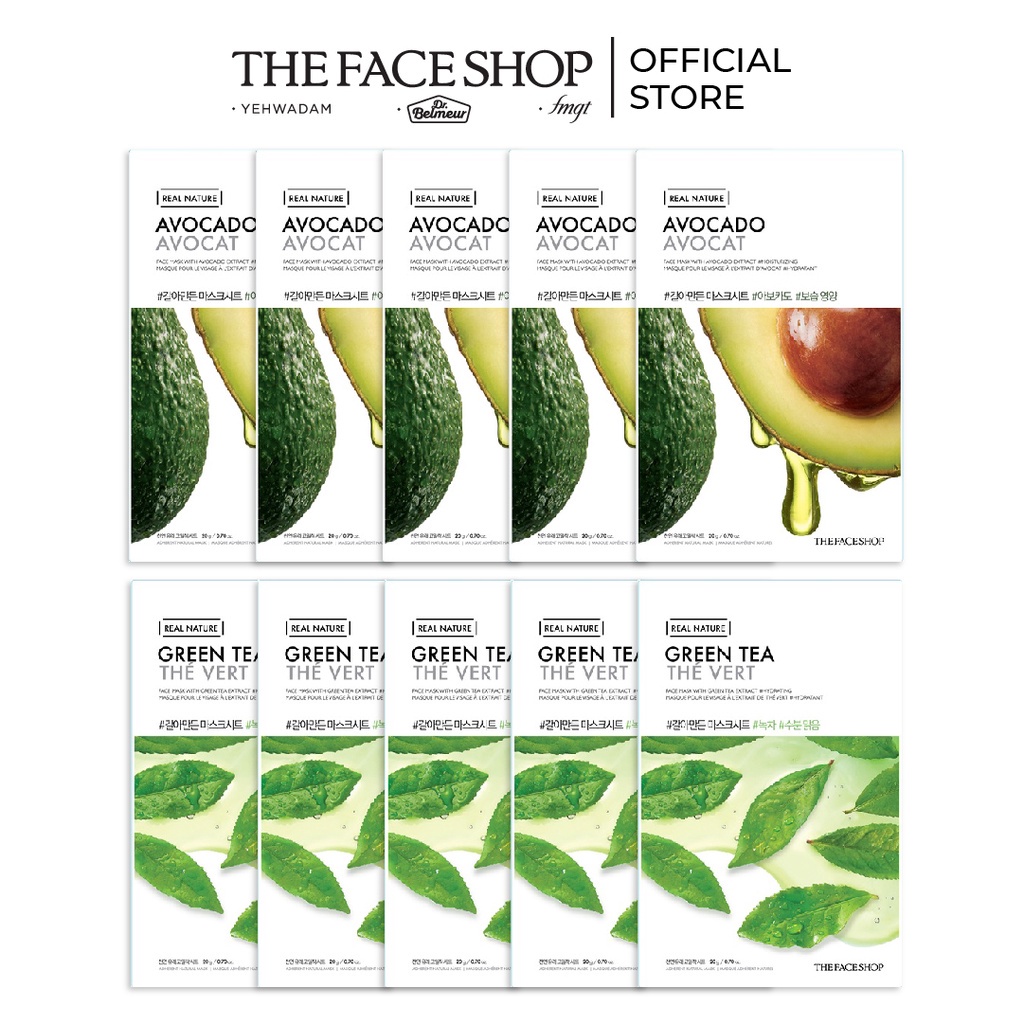 Combo Mix 10 Mặt Nạ TheFaceShopTrà Xanh 20gx5+ Mặt Nạ TheFaceShop Avocado 20gx5