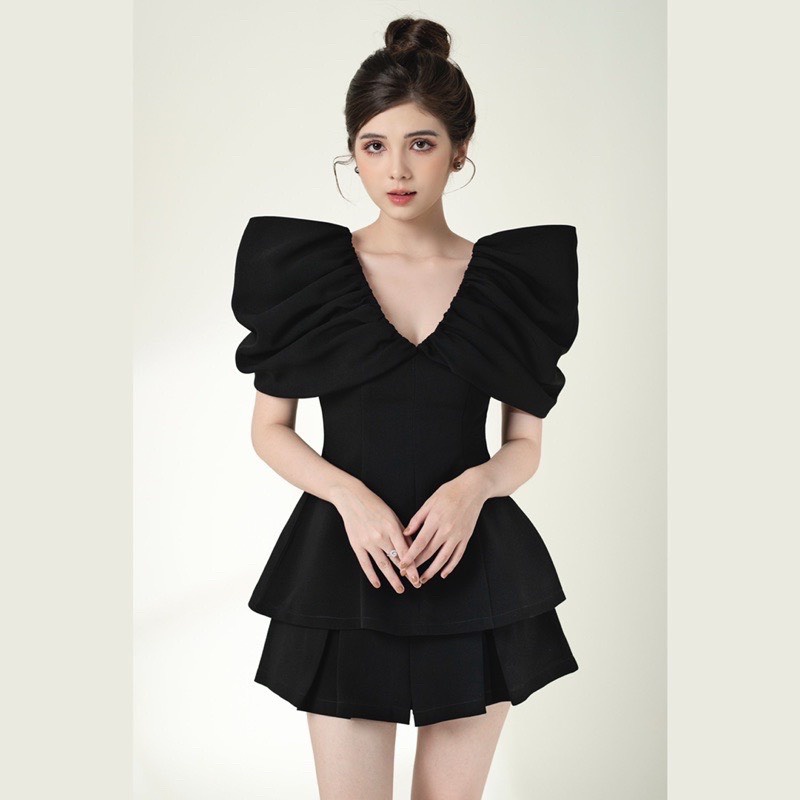 Sét Bộ Áo Peplum Tay Phòng Cổ V Chân Váy Xếp Ly Tuyết Mưa Bigsize Kim Ngân 50 kg đến 100 kg M/L/Xl/Xxl