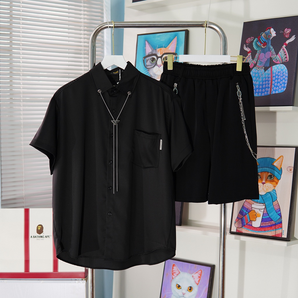 Sét bộ Sơmi ngắn tay và quần short phối dây xích hàng cao cấp