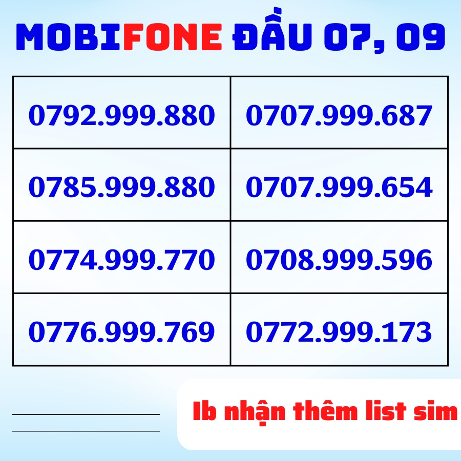 Sim Mobifone số đẹp, đầu 07, 09 Tam hoa giữa 999, 888, 666, 333 [ĐĂNG KÝ CHÍNH CHỦ, ESIM MIỄN PHÍ]