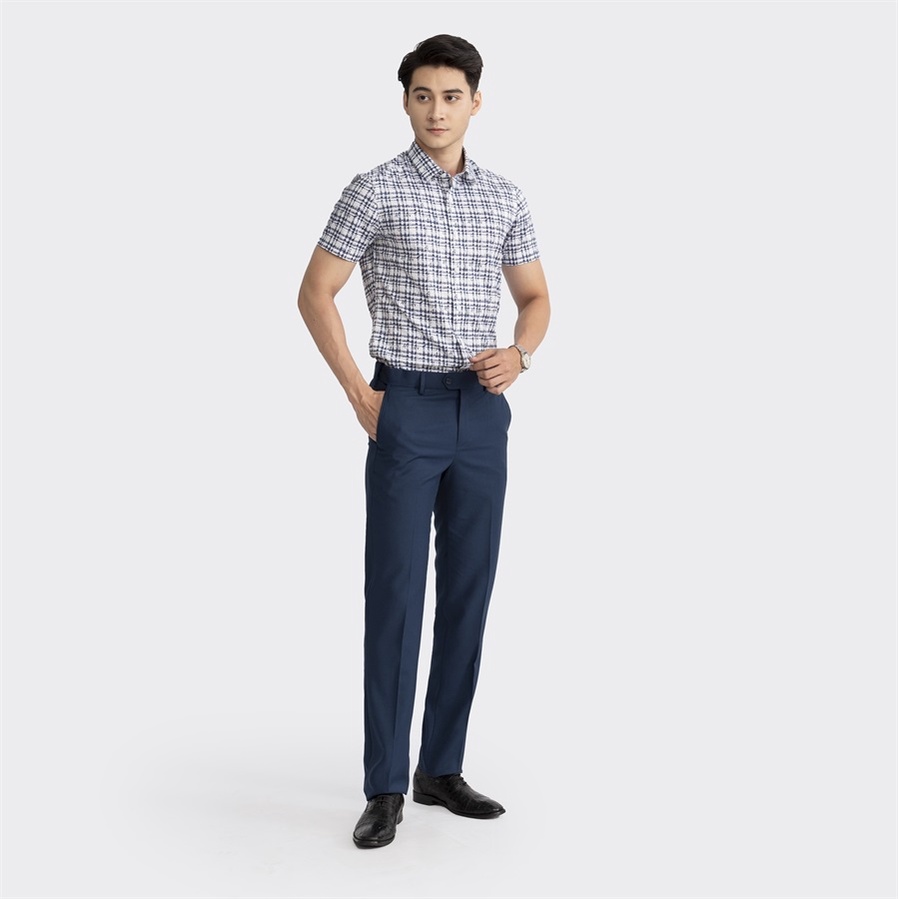 Áo sơ mi nam ngắn tay ARISTINO ASS109S2 công sở màu trắng in họa tiết xanh vải sợi tre dáng slim fit tà lượn không túi