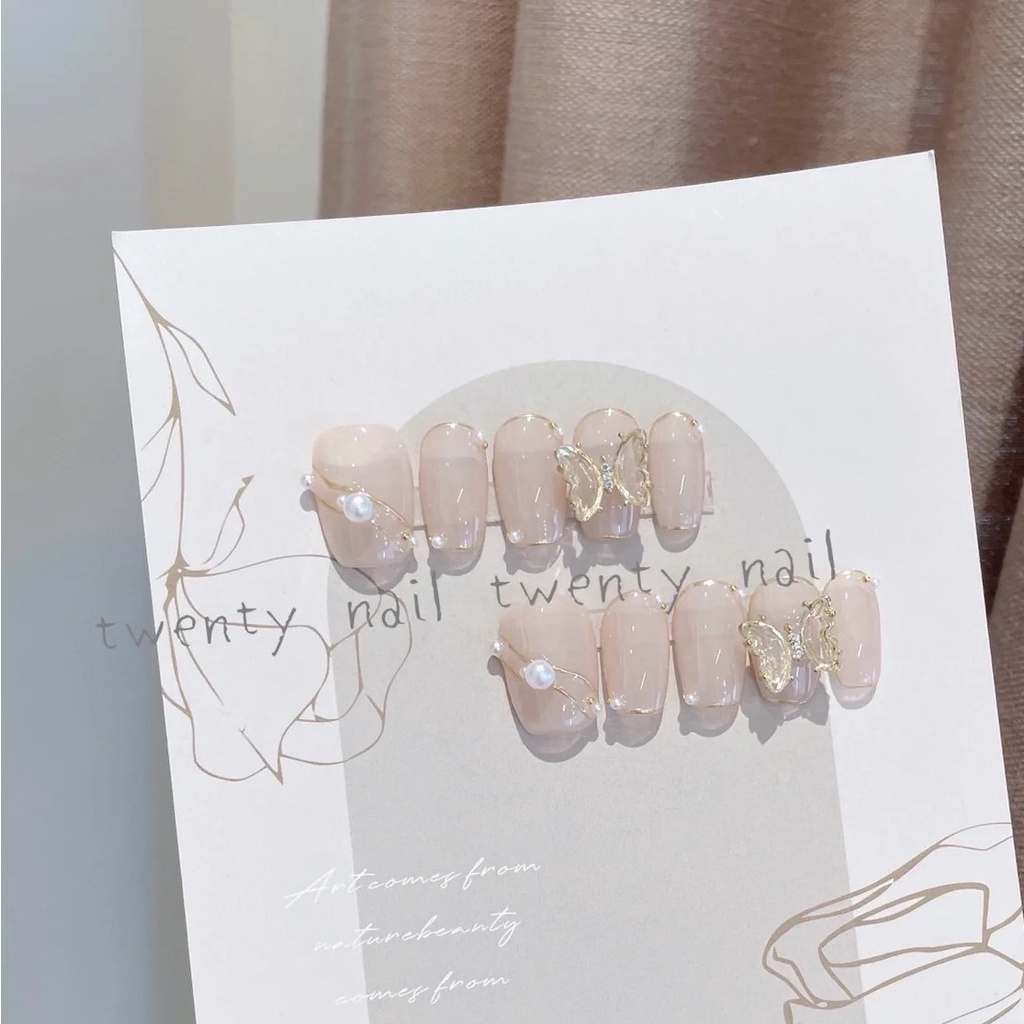Móng tay giả vuông ngắn c185 màu thạch vẽ viền gắn charm cebi.nailbox