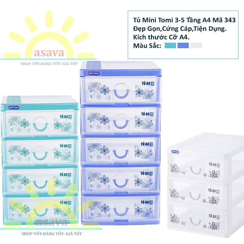 Tủ Nhựa Mini Để Bàn 3 Tầng, 4 Tầng, 5 Tầng Tomi ( Mã 343)- Cỡ A4, Nắp Bằng, Đẹp Gọn, Gia Dụng Asava.