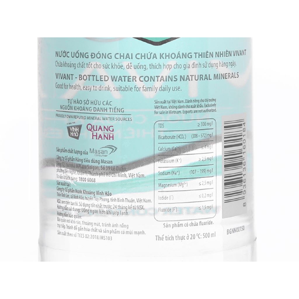 Thùng 24 chai nước khoáng VĨNH HẢO VIVANT 500ml / Lốc 6 chai nước khoáng VĨNH HẢO VIVANT 500ml