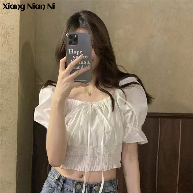 Xiang Nian Ni Áo Sơ Mi Ngắn Tay Cổ Vuông Xếp Ly Lưng Cao Hở Rốn Màu Xanh Dương Kiểu Pháp Thời Trang Mùa Hè Cho Nữ