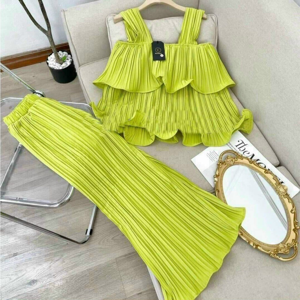 Set đi biển, set đồ nữ đi chơi áo 2 dây phân tầng phối quần ống rộng màu sắc tươi mới phong cách thoải mái cho nàng