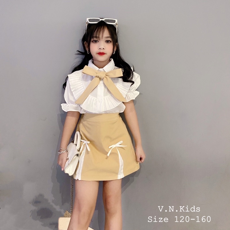 Set sơmi bèo + quần váy dáng A cho bé đi học size đại 17kg-40kg