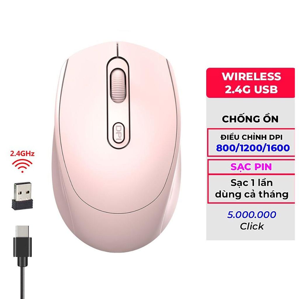 Chuột không dây PIX-LINK P100 wireless 2.4Ghz sạc pin, chống ồn, DPI1600 dùng cho máy tính, laptop, tivi-Hàng chính hãng