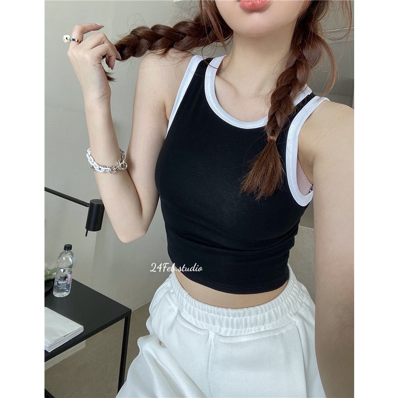 Áo croptop ba lỗ phối viền nữ basic phong cách ullzang Hàn Quốc