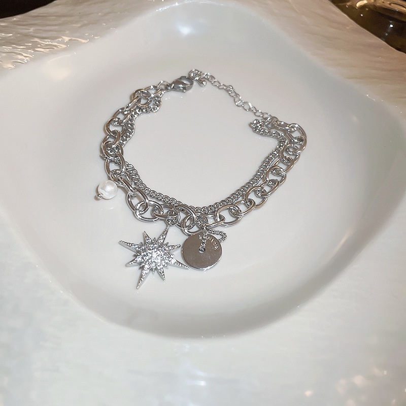 Vòng Tay Ngọc Trai Hai Lớp Bằng Kim Loại Màu Bạc Phong Cách hip hop Thời Trang Chất Lượng Cao Cho Nữ