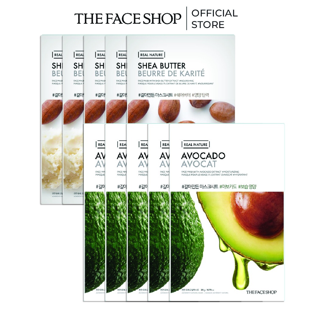 Combo 10 Mặt Nạ Dưỡng Da TheFaceShop Real Nature (bơ hạt,bơ) 20gx10