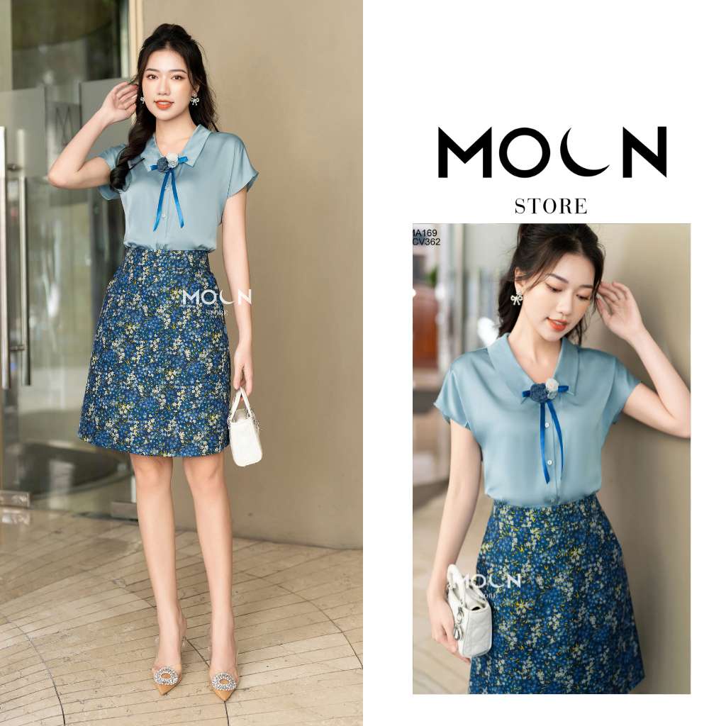 Áo sơ mi chân váy công sở, áo lụa satin dáng ngắn mix chân váy gấm mềm basic MA169-MCV362 Moon