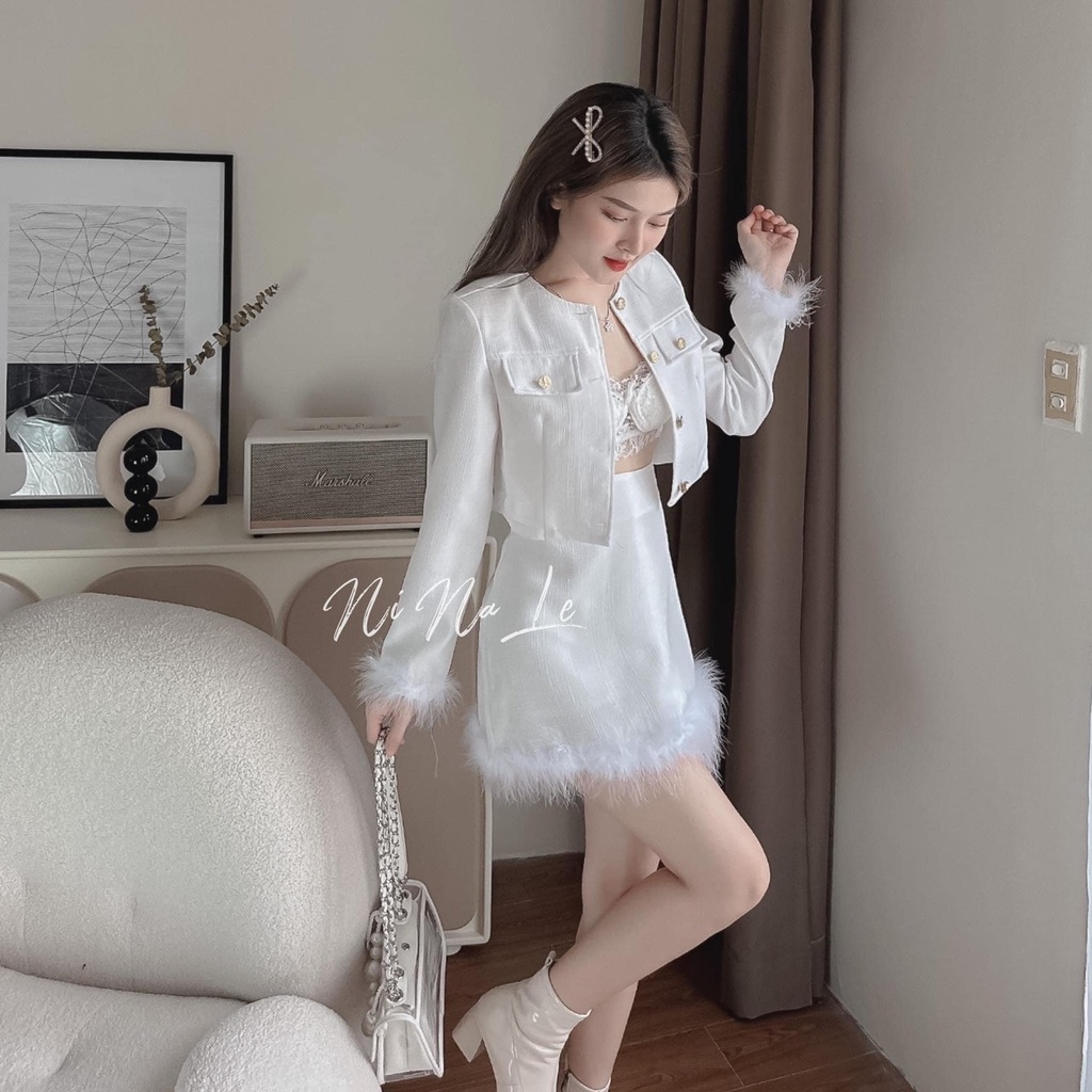 Set bộ 3 món áo khoác dạ croptop kèm bra 2 dây phối chân váy lông vũ Hari_Fashion - Mã SR265