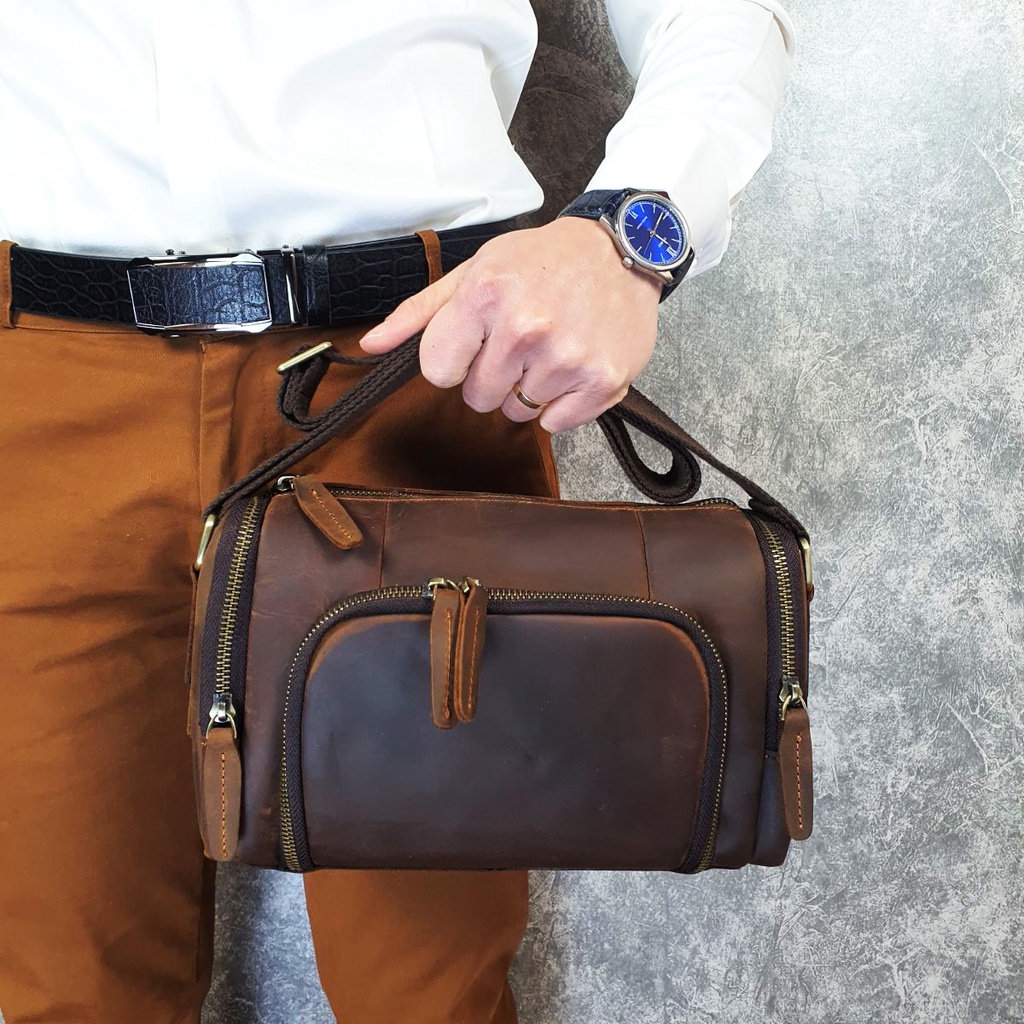 Túi đeo chéo nam da bò sáp; Túi trống nam TD120LEA  - 100% da thật, BH 3 năm