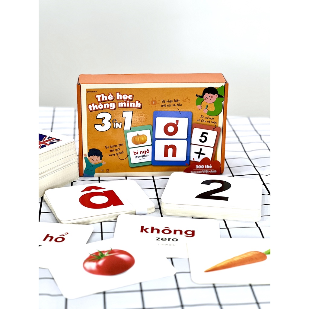 Bộ 300 thẻ học thông minh cho bé 3 trong 1 - thế giới xung quanh - chữ cái - chữ số song ngữ việt anh