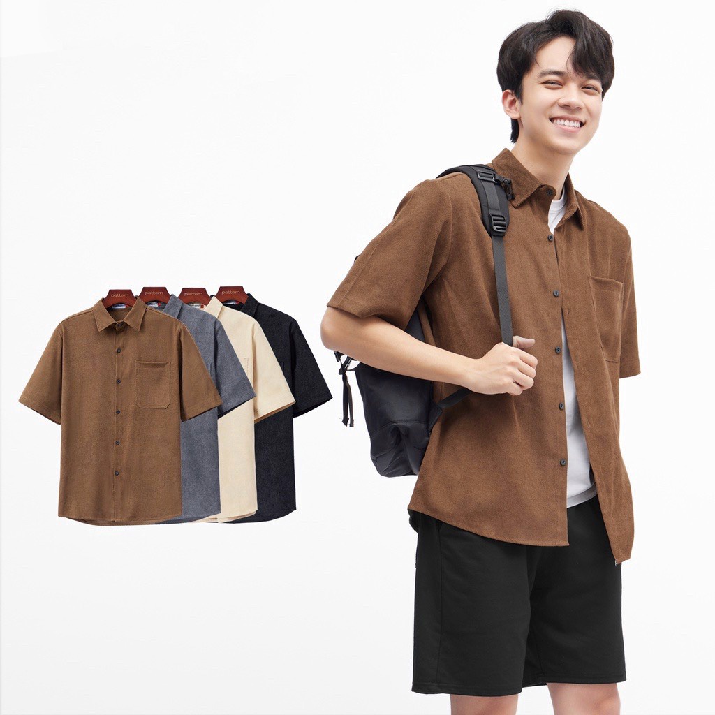 Áo sơ mi tay cộc nam dáng rộng cao cấp vải nhung tăm