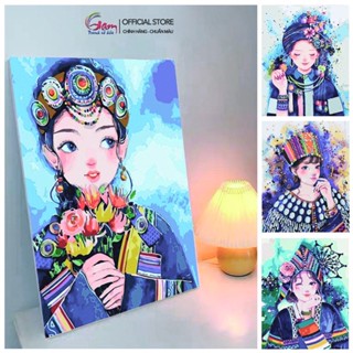 Tranh sơn dầu số hóa trang trí treo tường tự tô màu theo số cô gái dân tộc có sẵn căng khung dày 2.5cm