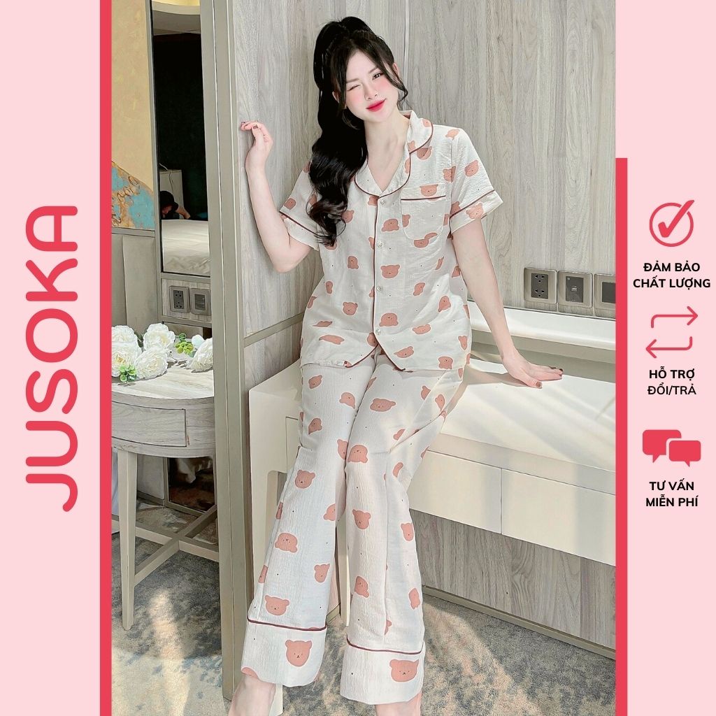 Đồ ngủ nữ Pijama mặc nhà chất liệu xốp nhún áo cộc quần dài siêu mềm mịn dễ thương JUSOKA