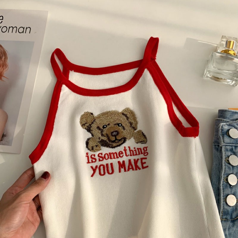 Áo Tank Top Hai Dây Dệt Kim Ôm Dáng Thêu Hình Gấu Thời Trang Hàn Quốc Cho Nữ