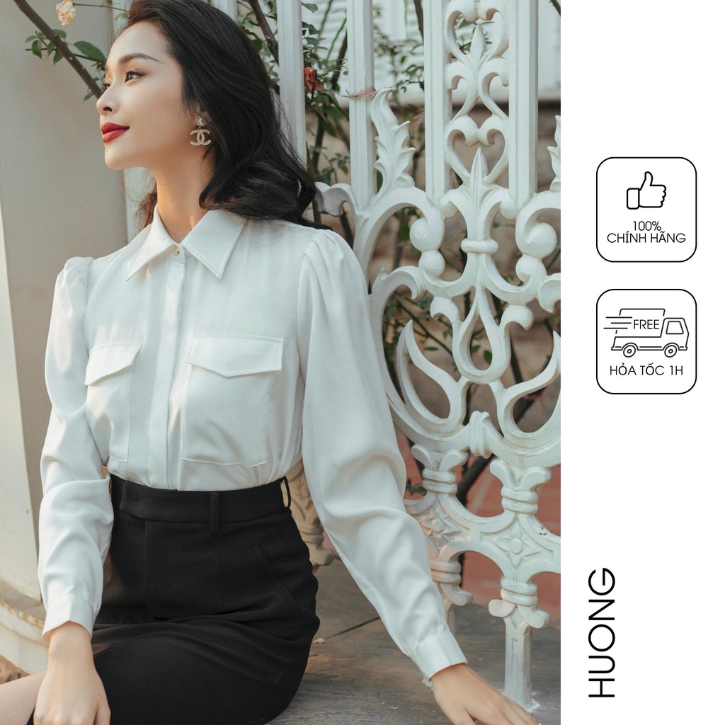 Áo sơ mi lụa satin 2 túi ốp HUONG BOUTIQUE HBSM1028