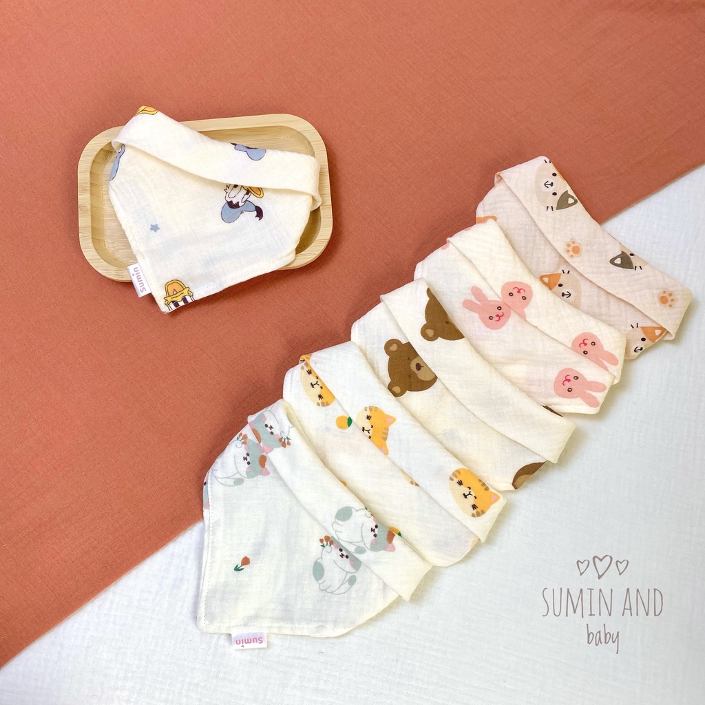 Khăn yếm xô tam giác Muslin Organic Sumin 4 lớp cao cấp cho bé sơ sinh, bé trai, bé gái