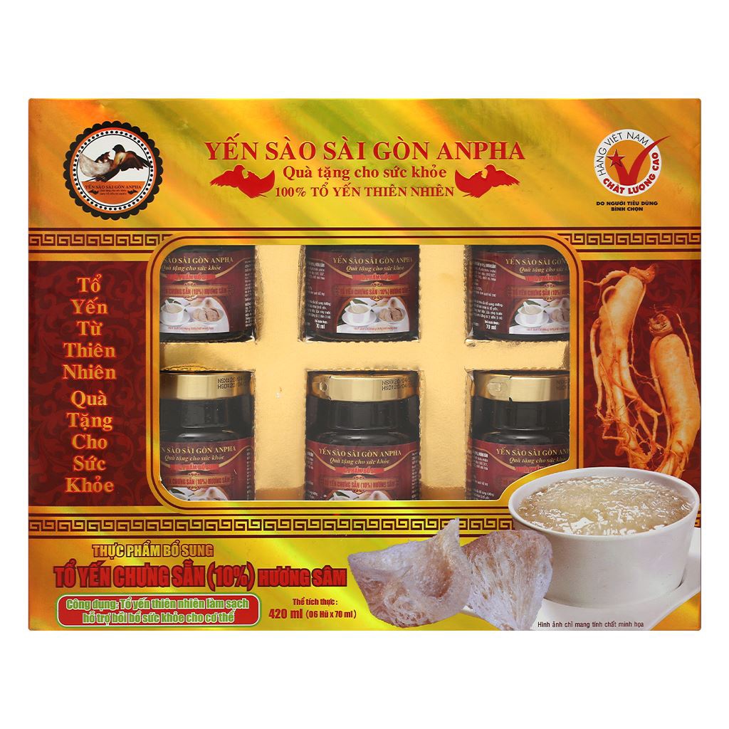 Hộp 6 hũ tổ yến chưng sẵn Sài Gòn Anpha hương sâm 70ml