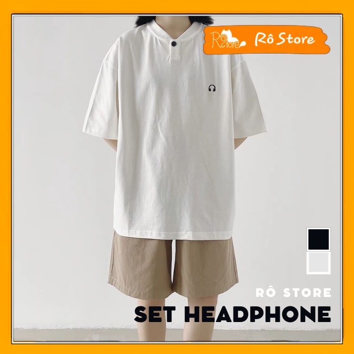 Bộ cộc unisex thêu hình tai nghe HEADPHONE/ Set quần short kaki mix áo thun tay lỡ Rô Store S37