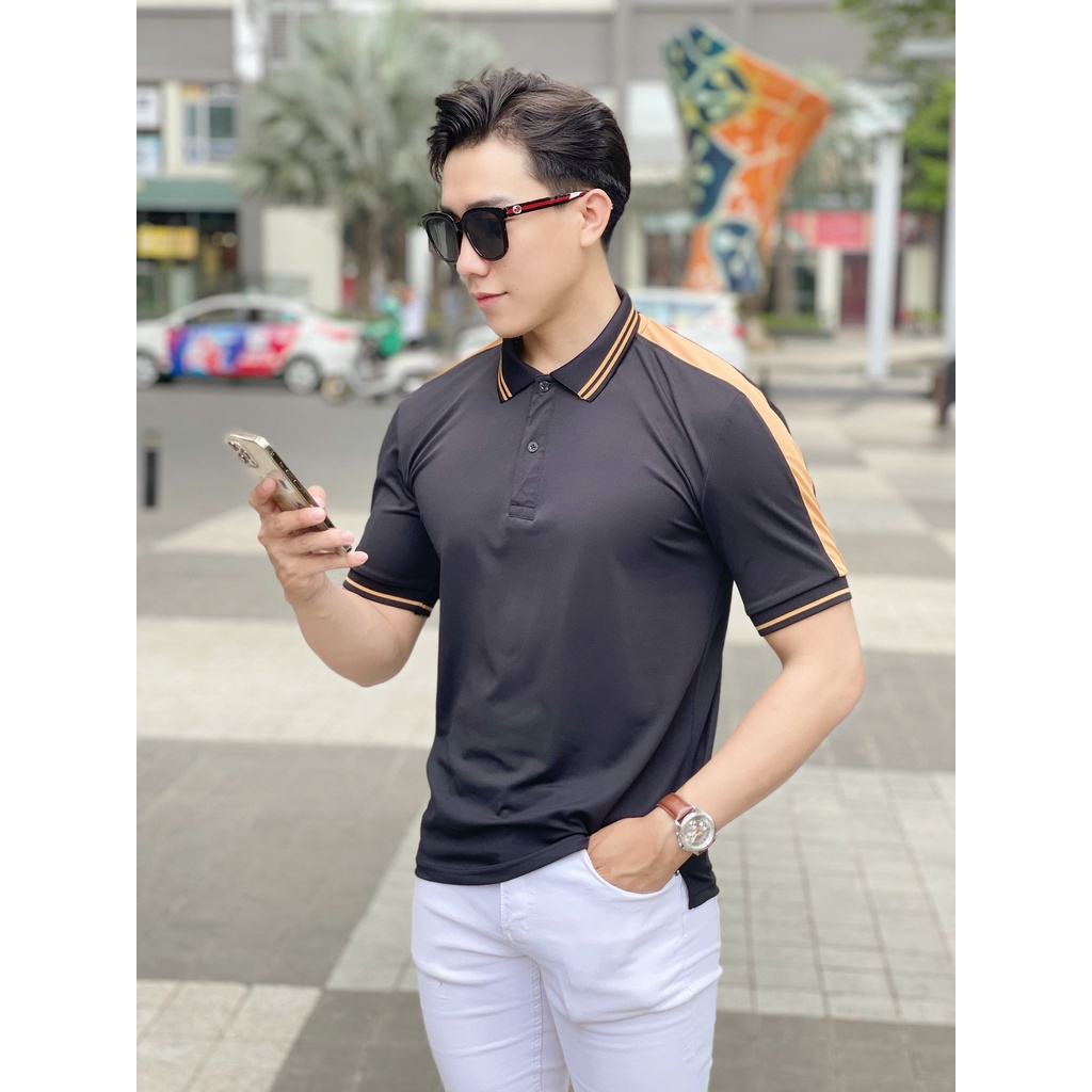 Áo thun polo nam cao cấp trơn tay ngắn phối sọc vai cam đen, chất poly cá sấu, sang trọng tinh tế