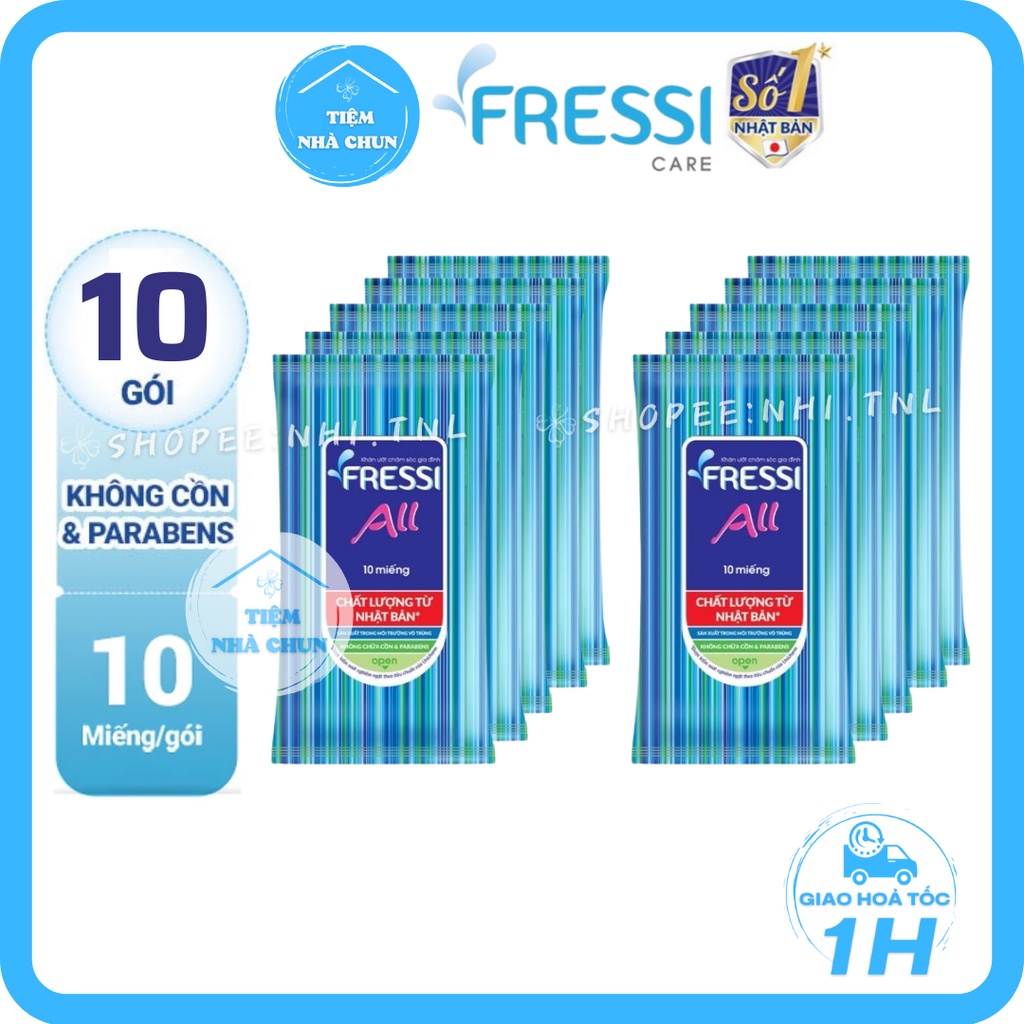 KHĂN ƯỚT FRESSI CARE ALL 10 Miếng - Lốc 10 Gói - Khăn Giấy Ướt Chăm Sóc