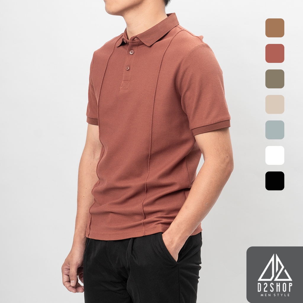 Áo thun polo nam D2shop, áo polo nam trơn vải dệt gân, 2 sọc nổi, màu đỏ nâu [B-0035]