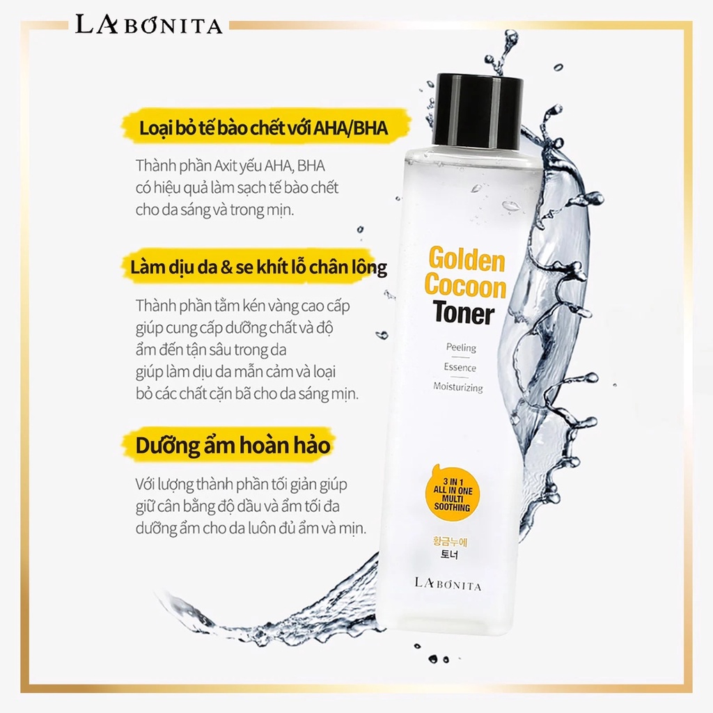 Nước cân bằng làm sạch, cân bằng, dưỡng ẩm da La Bonita Golden Cocoon Toner 340ml