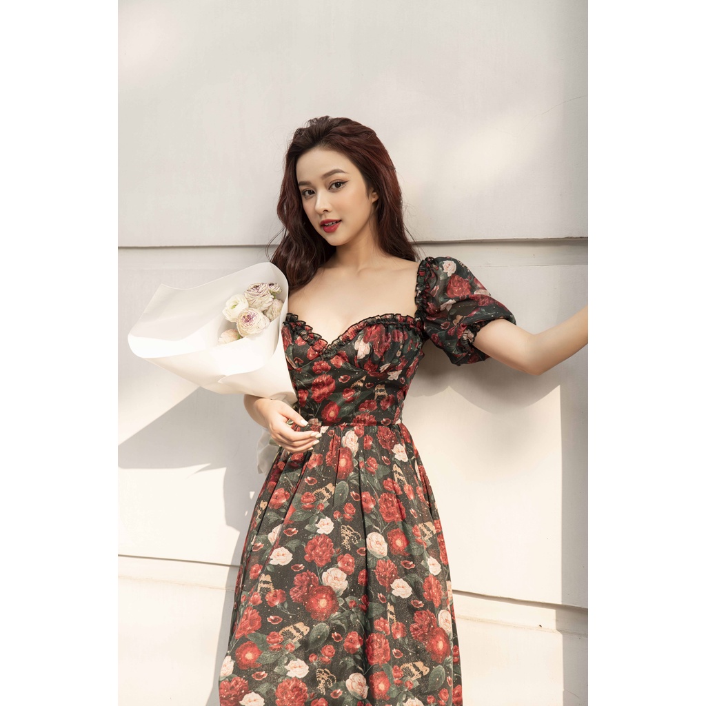 Váy nhún bèo chất liệu tơ in hoa The Peachy- Barbie Dress