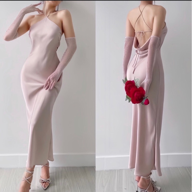 Đầm Lụa Cổ Yếm Hở Lưng Thiết Kế Cao Cấp- Váy Lụa Cổ Yếm Hở Lưng Dáng Dài Đuôi Cá Tôn Dáng
