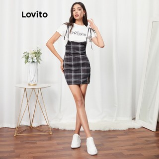 Đầm ca rô xẻ tà Lovito L07099 (đen)