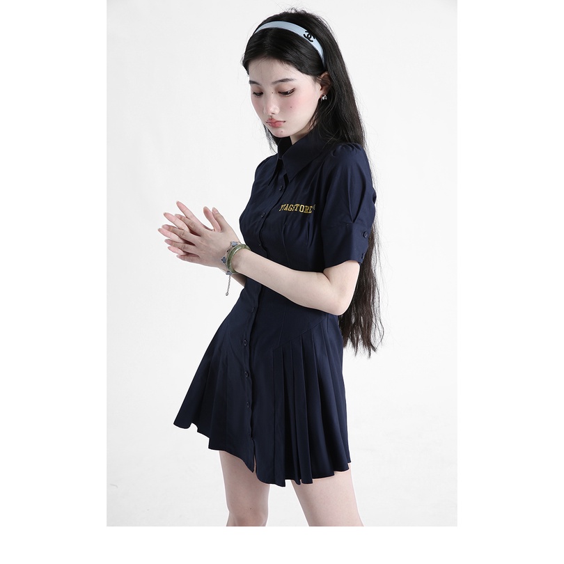 Fine Studio Váy Chữ a Xếp Ly Cài Nút Tay Ngắn Ôm Eo Phong Cách Preppy Mùa Hè Cho Nữ