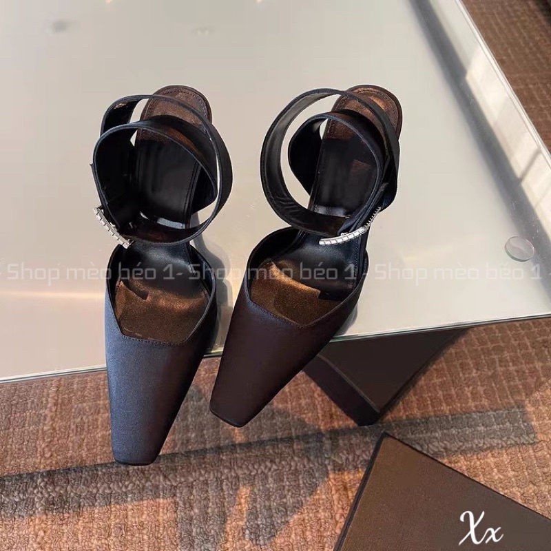 Sandal mũi vuông quai lụa bản to quấn cổ chân khoá cài gót nhọn fullbox
