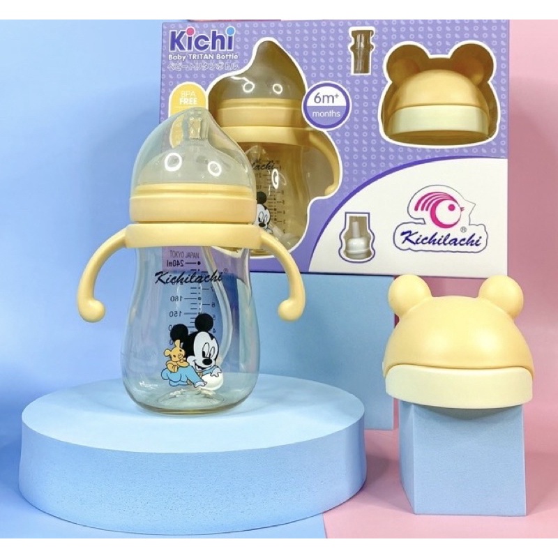 Bình sữa 2-1 Tritan 240ml Kichi / Bình tập uống nước Gấu có tay cầm chống sặc KICHILACHI(Công nghệ Nhật)-KHOAIBABY