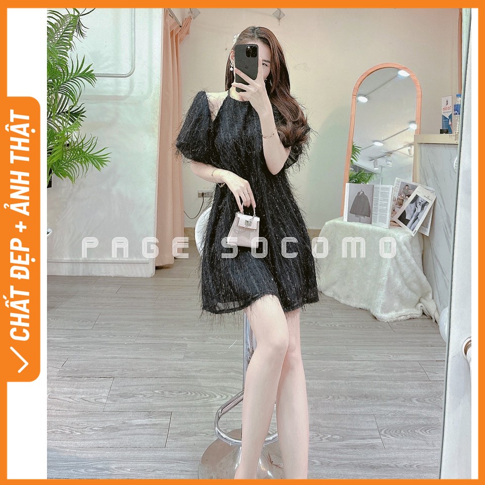 Váy lông tua rua bling cổ yếm hở vai 2 màu đen trắng Socomo V172023 - Hàng Loại 1, Chất Đẹp