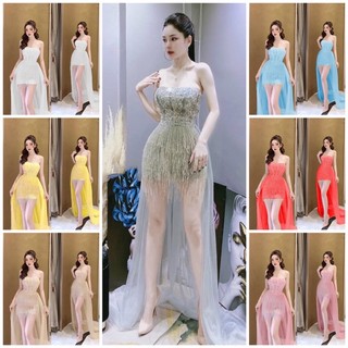 Đầm maxi cúp ngực đính đá tùng dài tặng kèm hoa tai thời trang