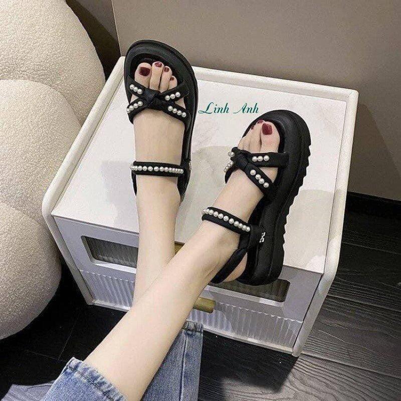 (Full box) Dép sandal nữ quai thắt đính ngọc đế cao 5cm hàng QC hottrend( chân gầy mỏng lùi 1 size )